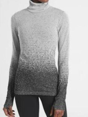 Athleta Flurry Base Layer Turtleneck Top L White Black Speckled Ribbed